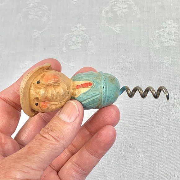 Vintage Hand Carved Resin Figural Folk Art Cork Screw Wine Opener Bar Ware - Picture 7 of 7